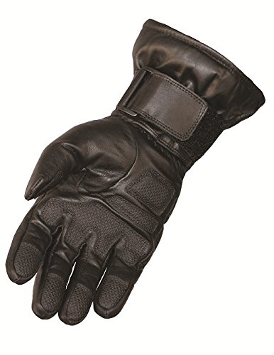 Men's cowhide gauntlet with elasticized knuckle and wrist featuring wind and waterproof liner