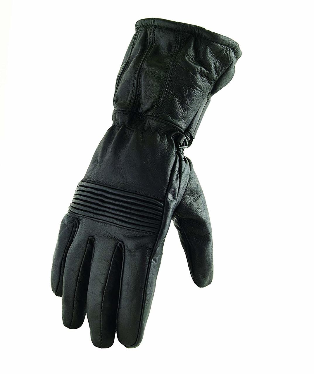 Men's cowhide gauntlet with elasticized knuckle and wrist featuring wind and waterproof liner