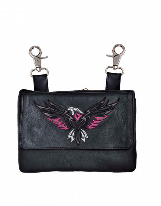 Leather Belt Bag Hip Purse Embroidered Eagle Silver Pink