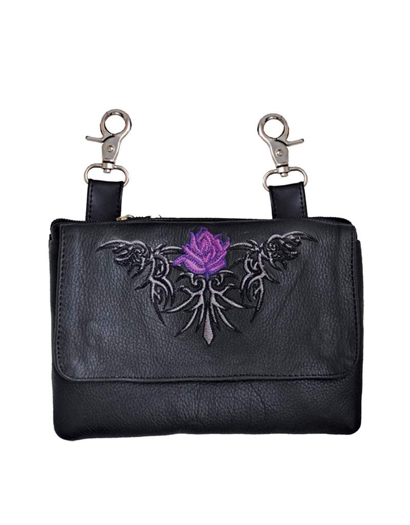 Leather Belt Bag Hip Purse Embroidered purple Rose