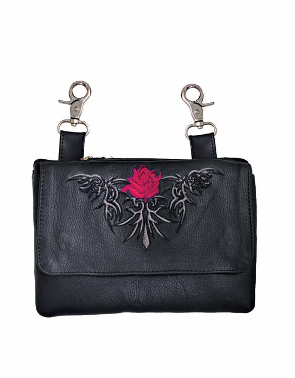 Leather Belt Bag Hip Purse Embroidered Red Rose