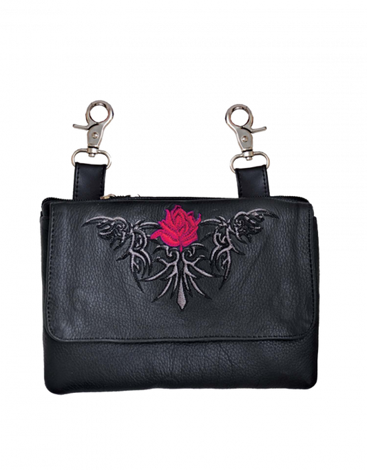 Leather Belt Bag Hip Purse Embroidered Red Rose