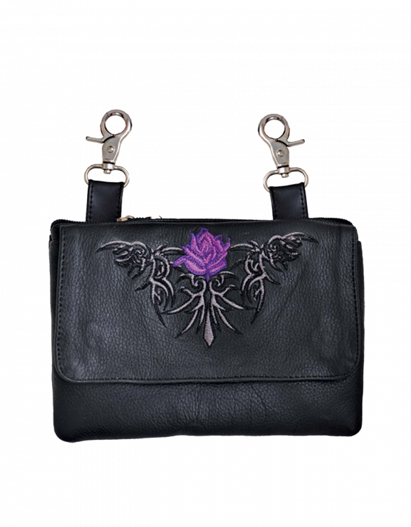 Leather Belt Bag Hip Purse Embroidered purple Rose