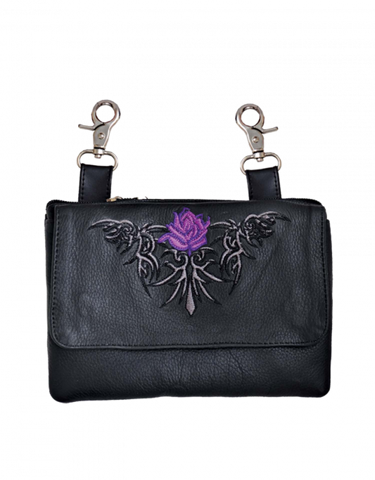 Leather Belt Bag Hip Purse Embroidered purple Rose