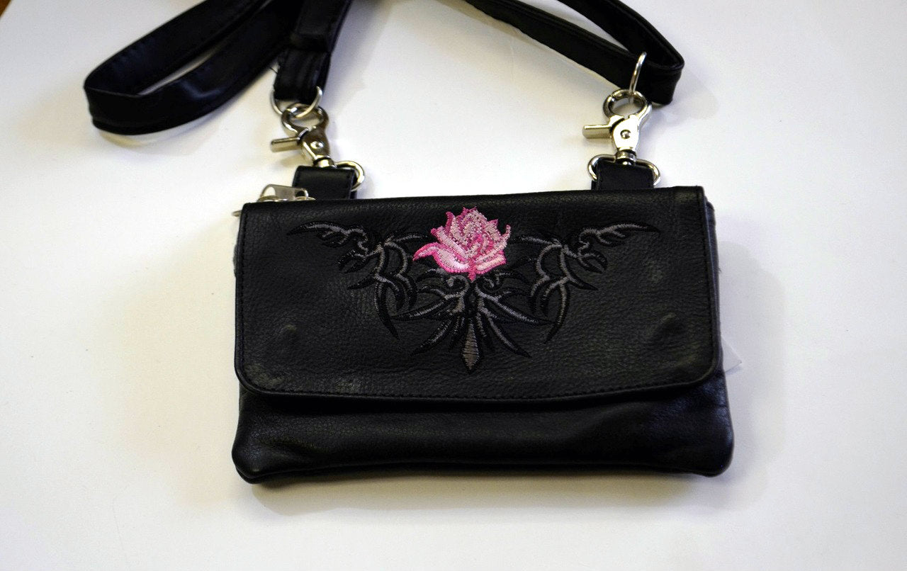 Leather Belt Bag Hip Purse Embroidered pink rose