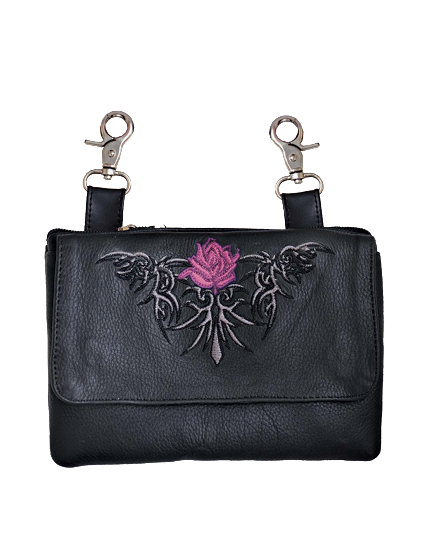 Leather Belt Bag Hip Purse Embroidered pink rose