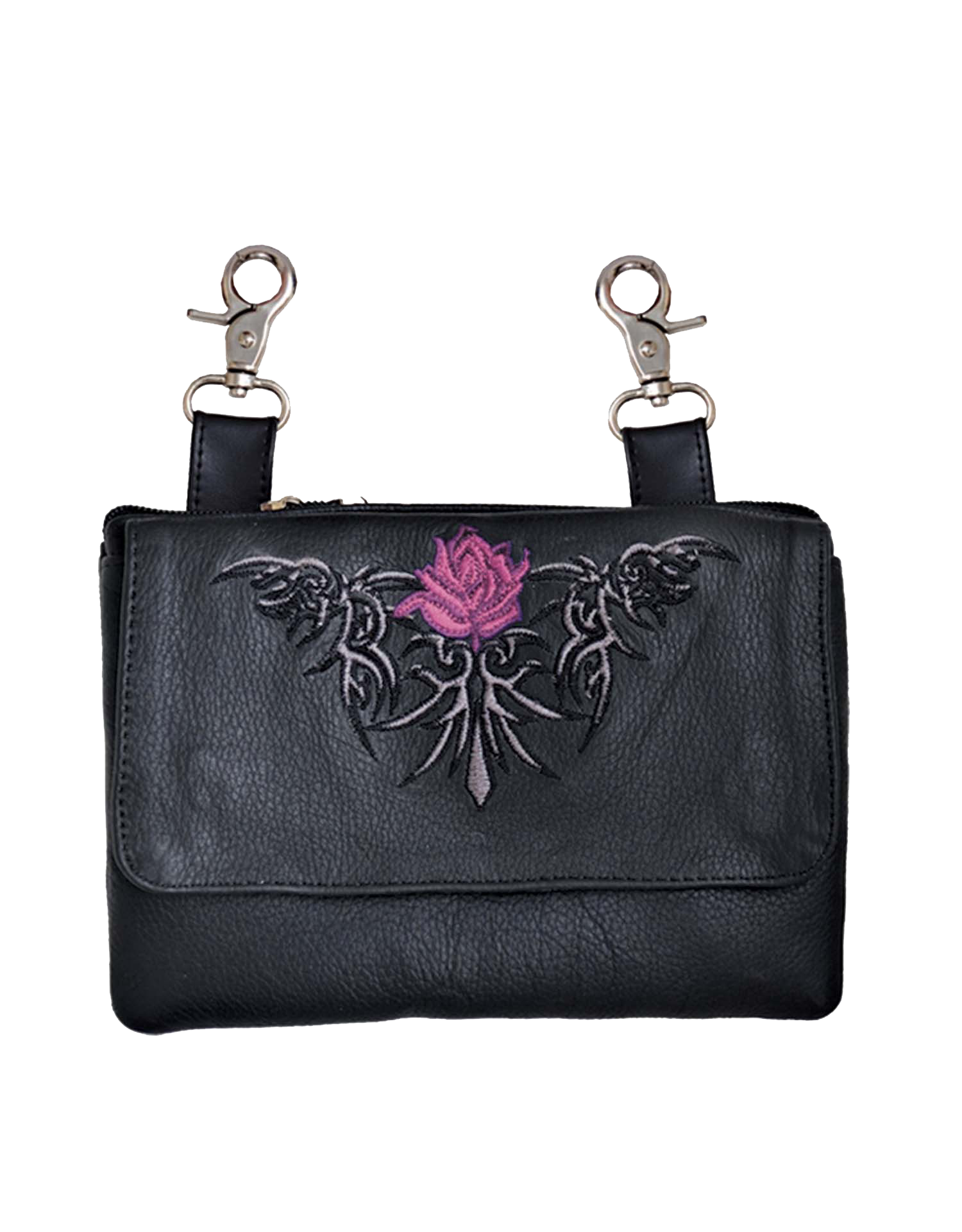 Leather Belt Bag Hip Purse Embroidered pink rose