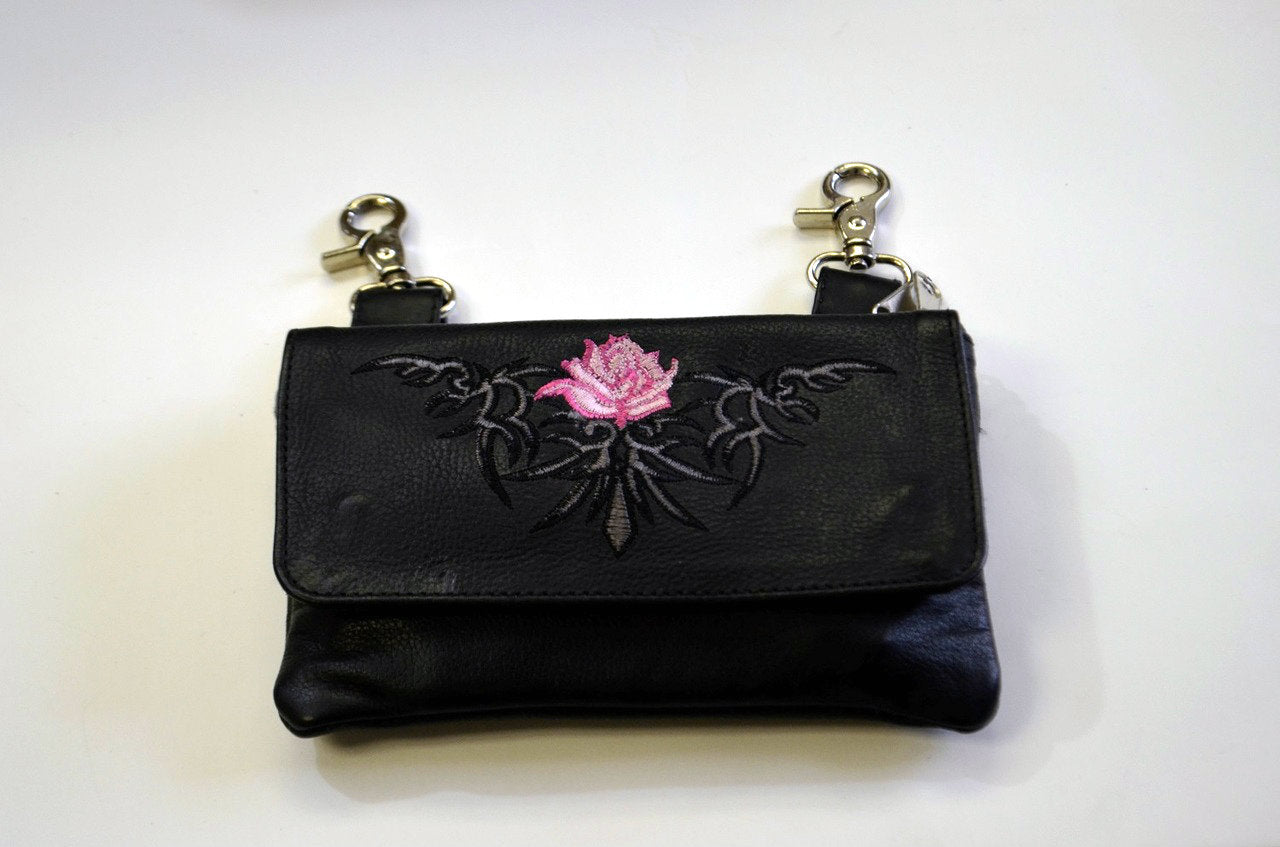 Leather Belt Bag Hip Purse Embroidered pink rose