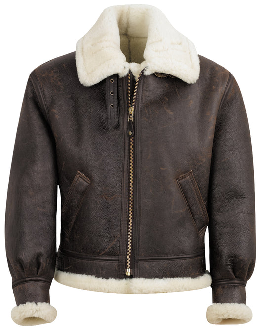 Front angled view of sheepskin shearling jacket with genuine, rich brown leather, full cream fur-lining and collar, and subtle bronze zipper and buckle detailing