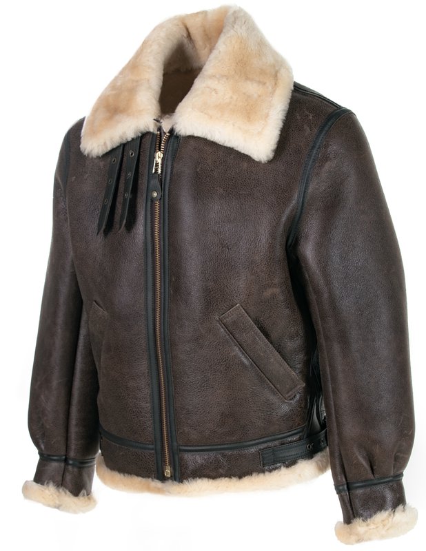 Front angled view of sheepskin shearling jacket with genuine, rich brown leather, full cream fur-lining and collar, and subtle bronze zipper and buckle detailing