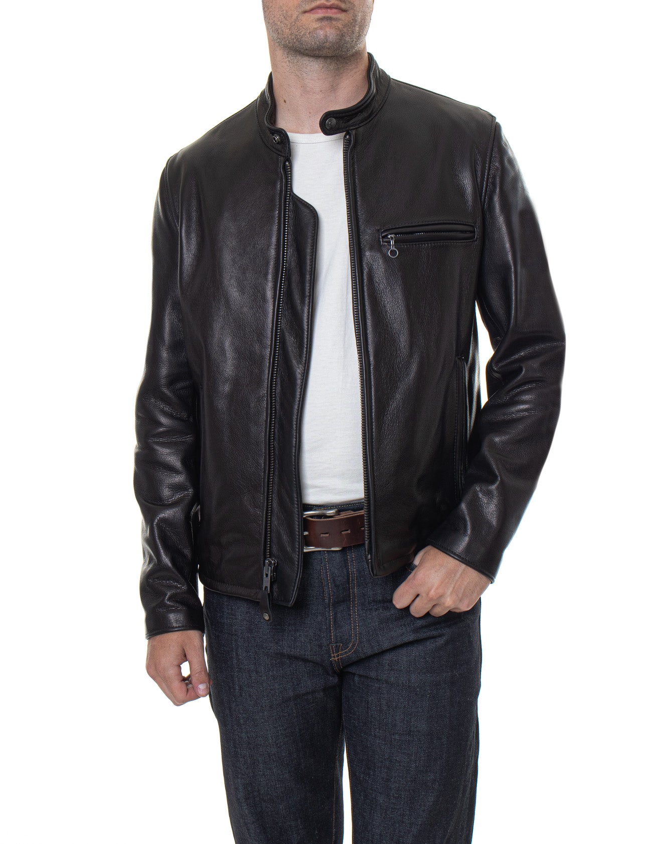 Waxed Natural Pebbled Cowhide Cafe Leather Jacket