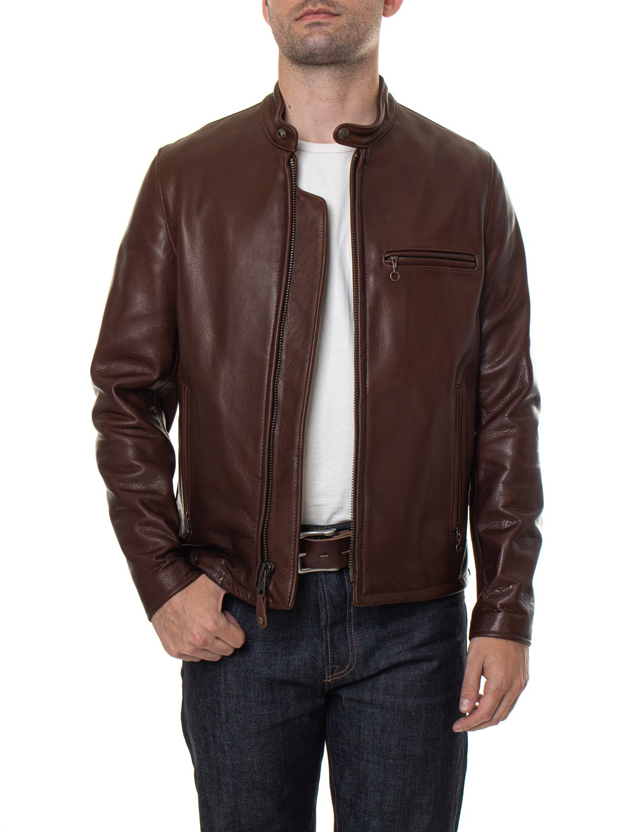 Waxed Natural Pebbled Cowhide Cafe Leather Jacket