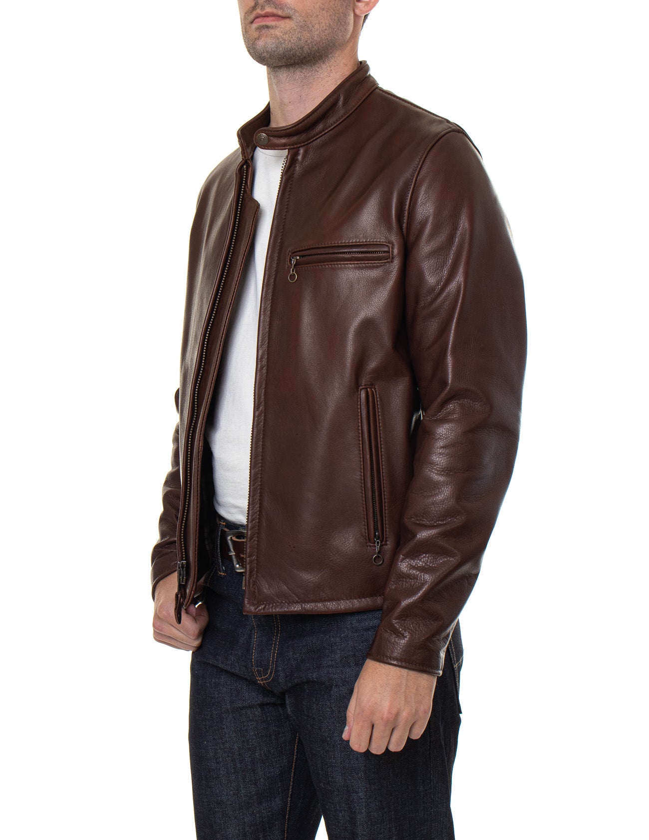 Waxed Natural Pebbled Cowhide Cafe Leather Jacket