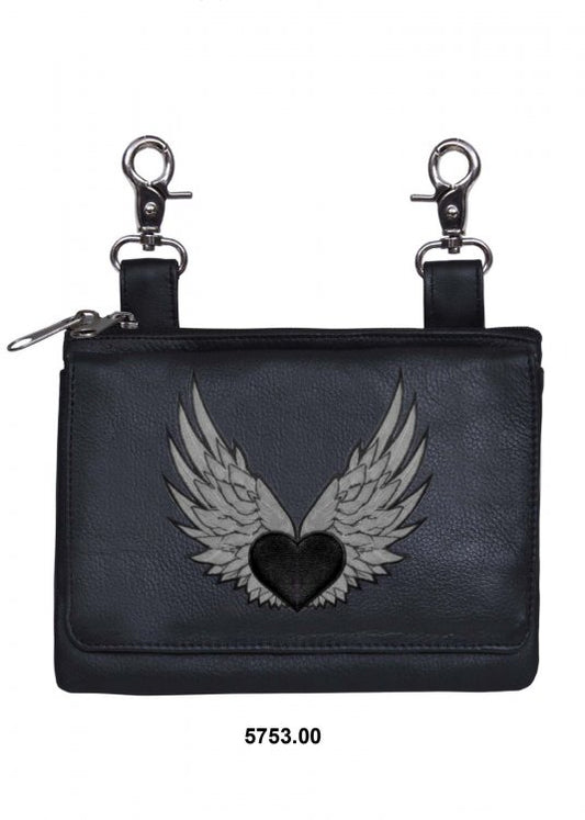 Leather Belt Bag Hip Purse Embroidered Gray Angel Heart