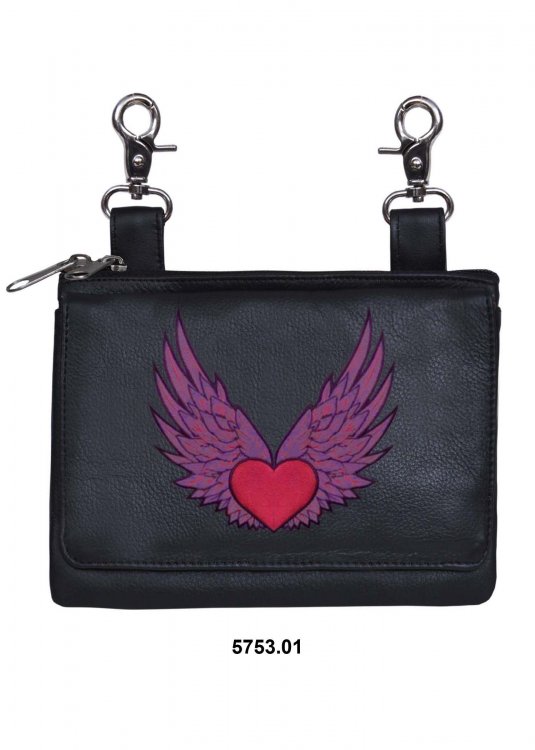 Leather Belt Bag Hip Purse Embroidered Pink Angel Heart