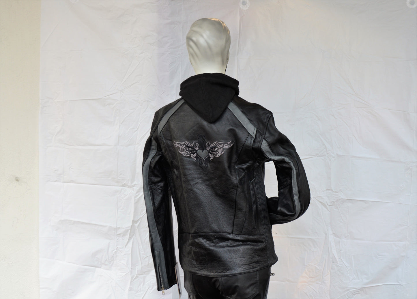 Ladies Gray Heart Wings Black Leather Motorcycle Jacket