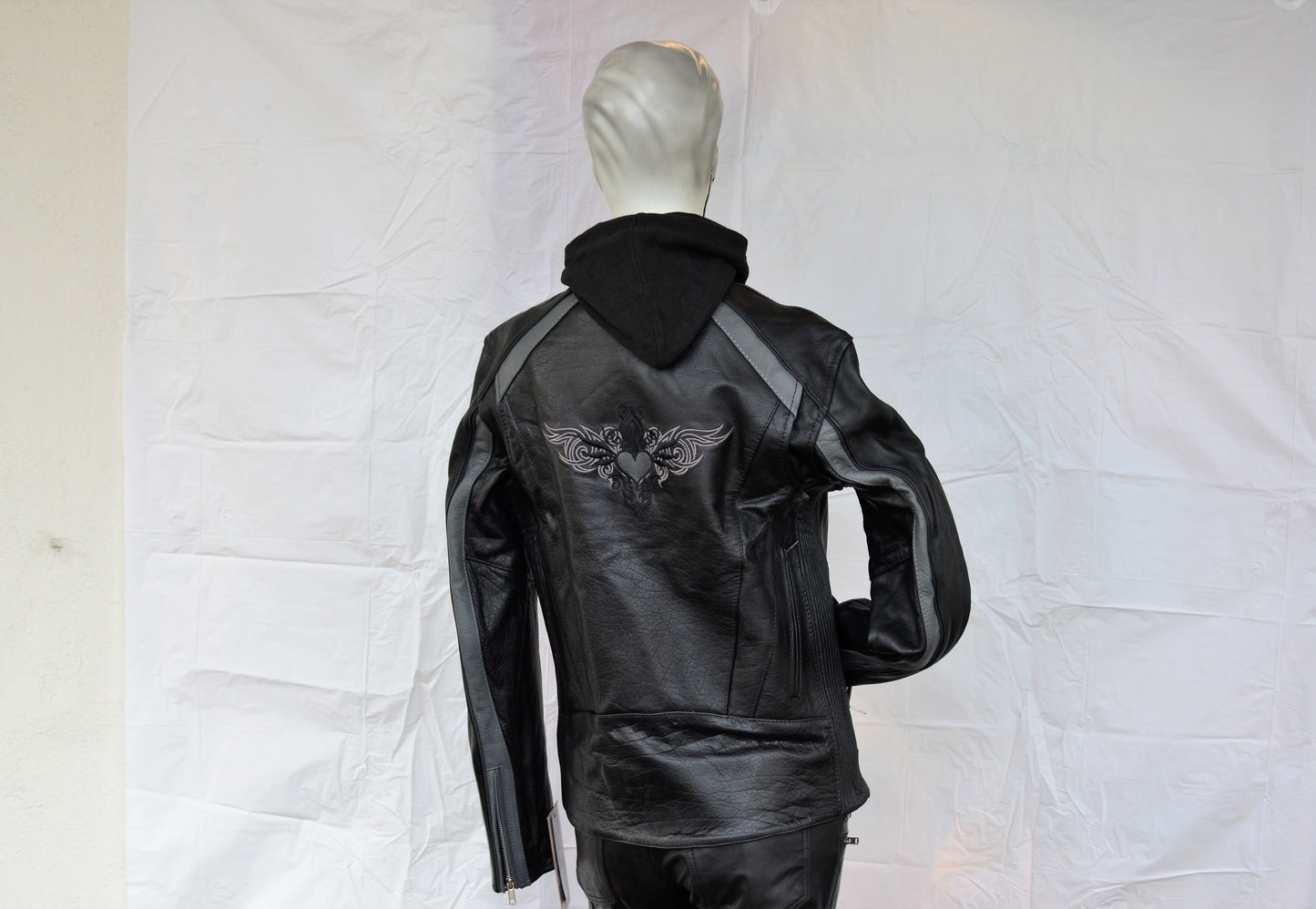 Ladies Gray Heart Wings Black Leather Motorcycle Jacket