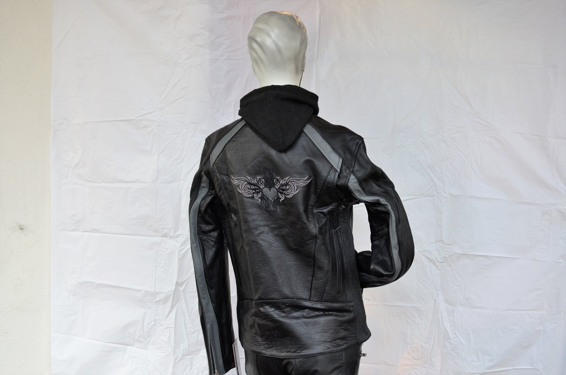 Ladies Gray Heart Wings Black Leather Motorcycle Jacket