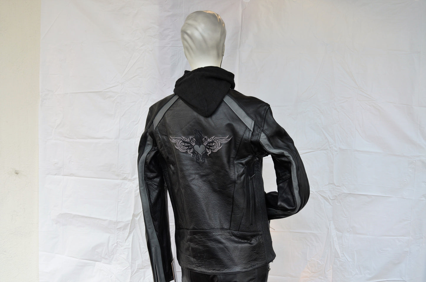 Ladies Gray Heart Wings Black Leather Motorcycle Jacket