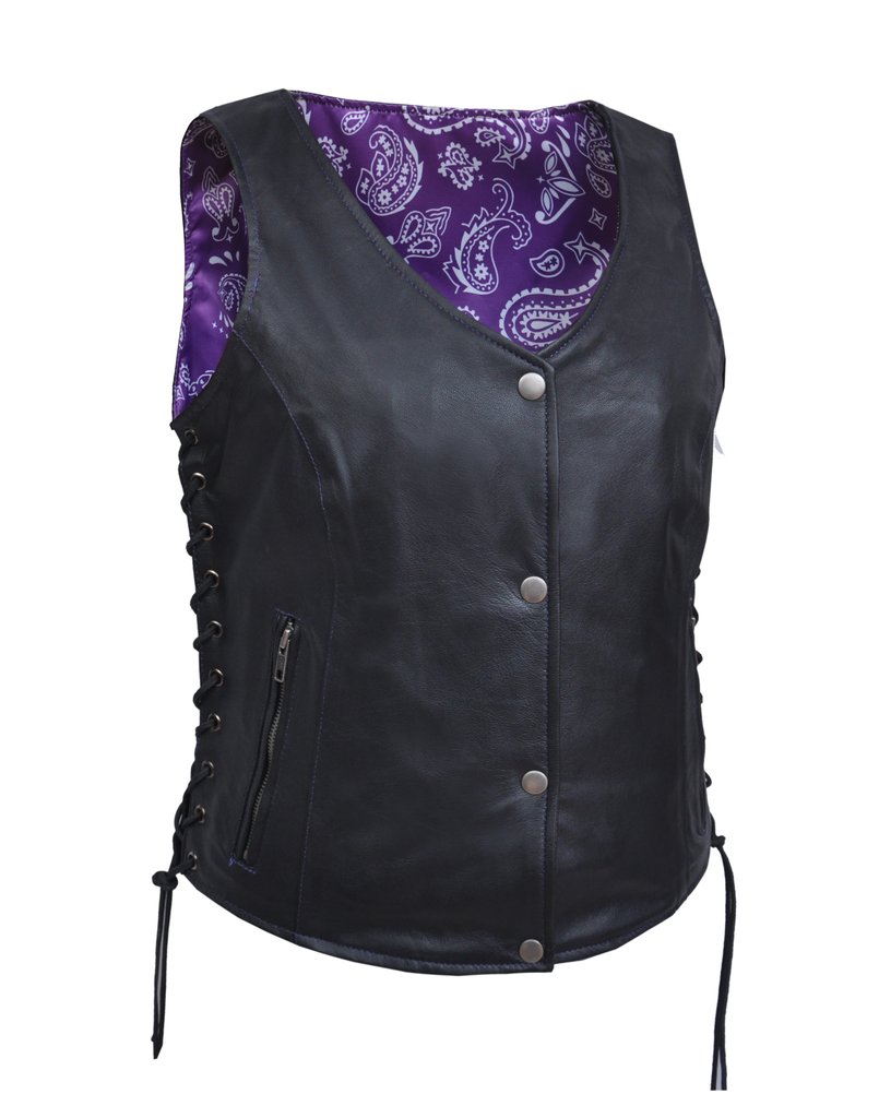 Lightweight Women leather vest with purple paisley lining