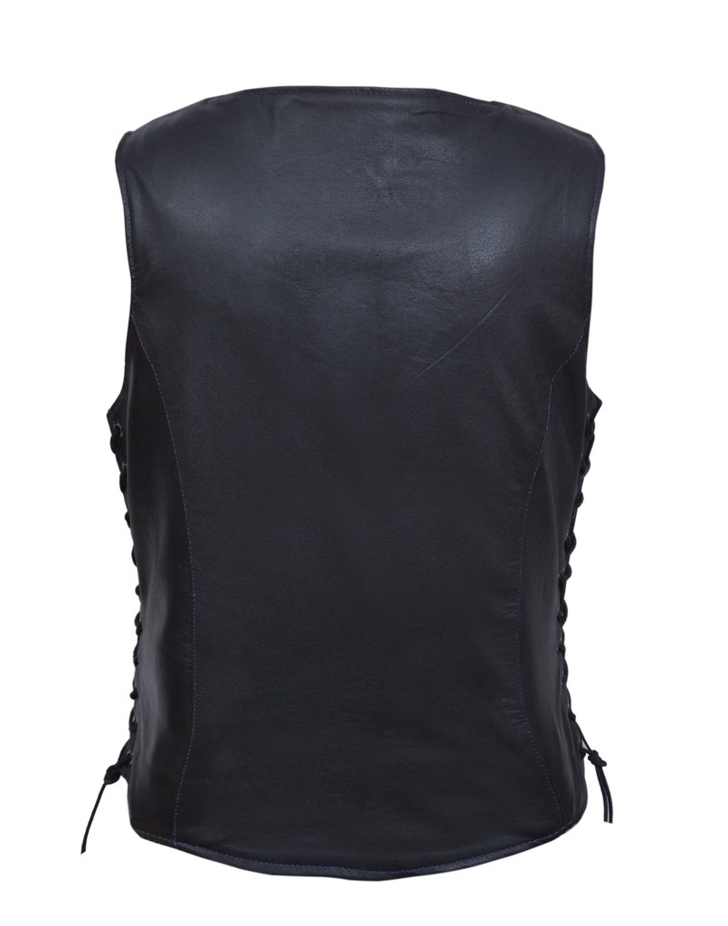 Lightweight Women leather vest with purple paisley lining