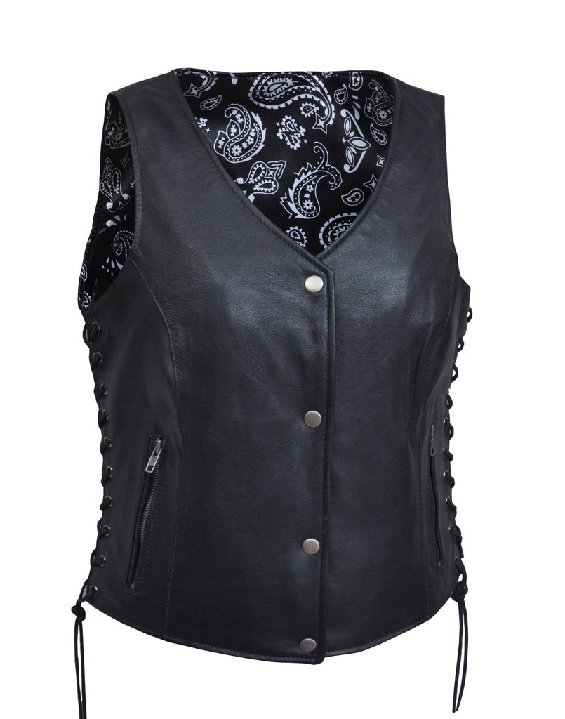 Lightweight Women leather vest with black paisley lining 