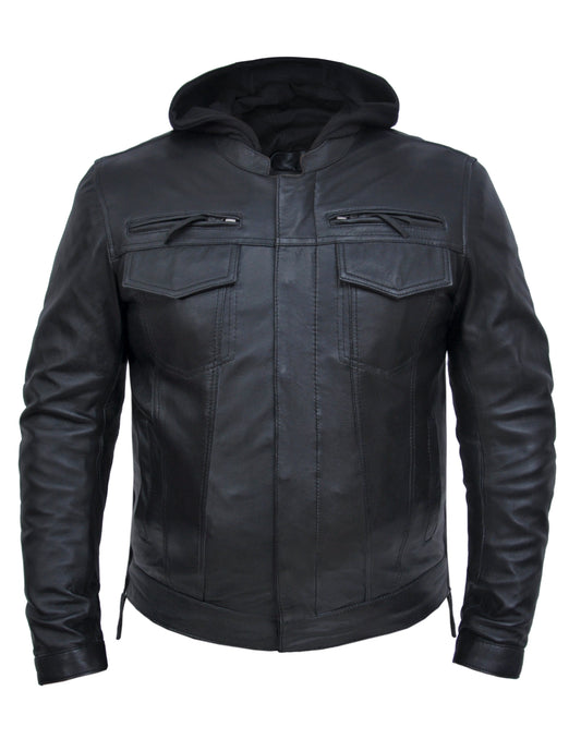   Classic leather Jacket  with  Removeble hood 