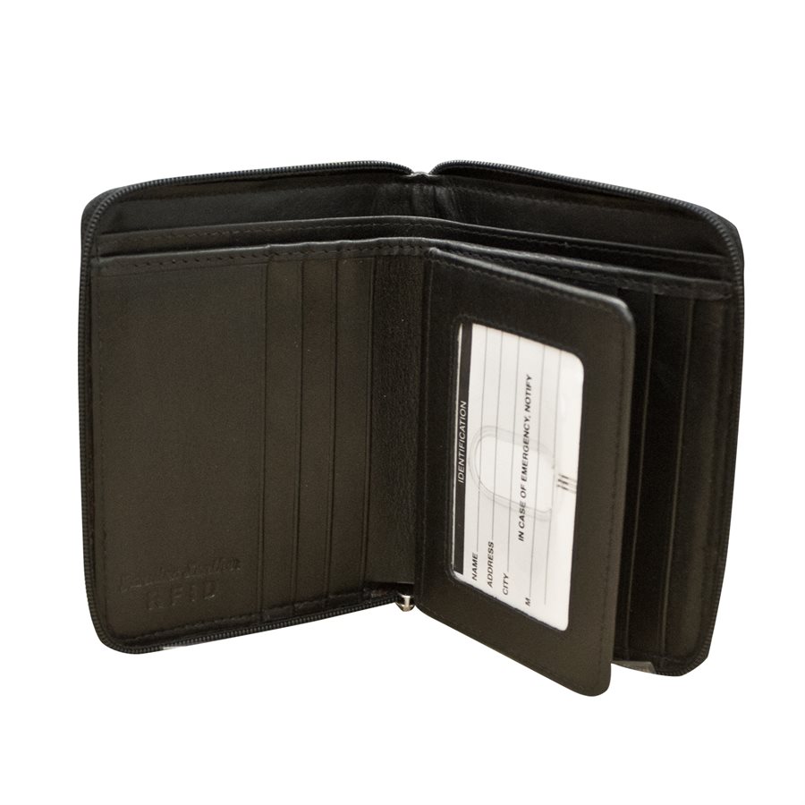 zip around wallet with RFID blocking lining. Exterior - I.D.