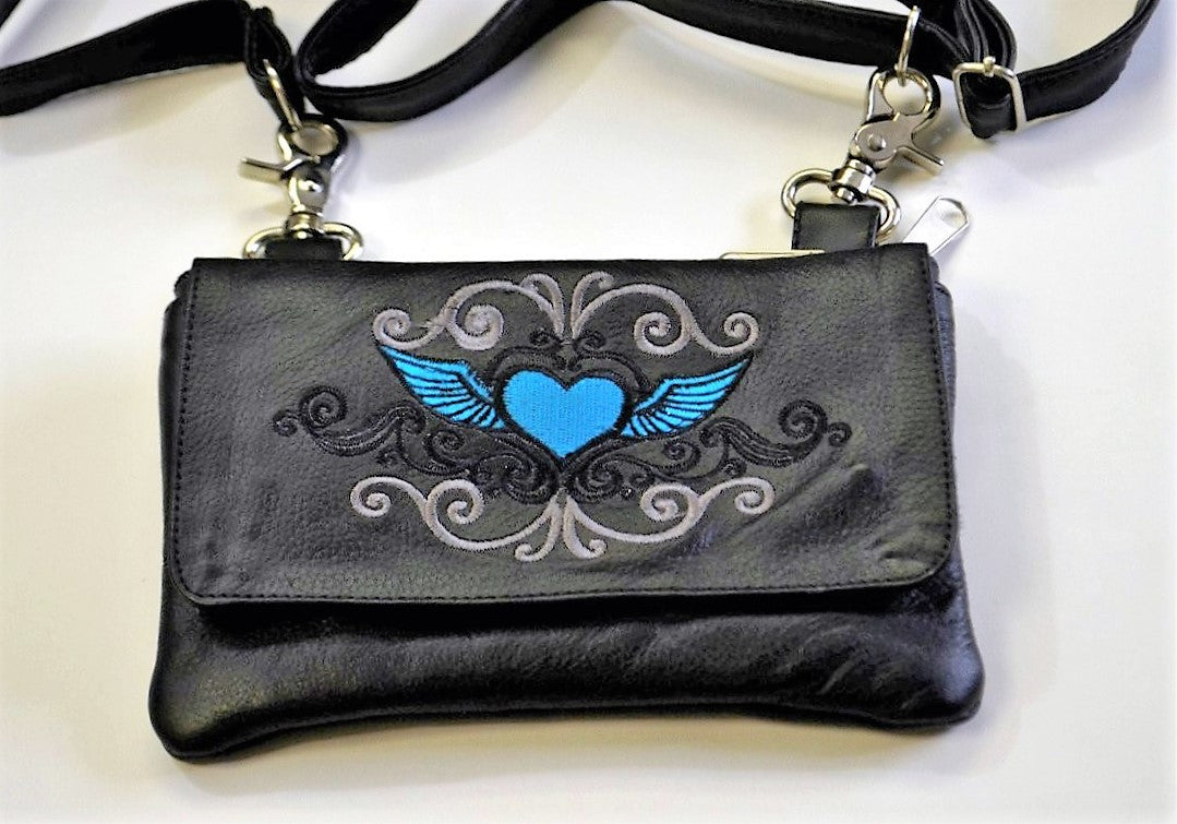 Leather Belt Bag Hip Purse Embroidered Eagle Turquoise  Silver