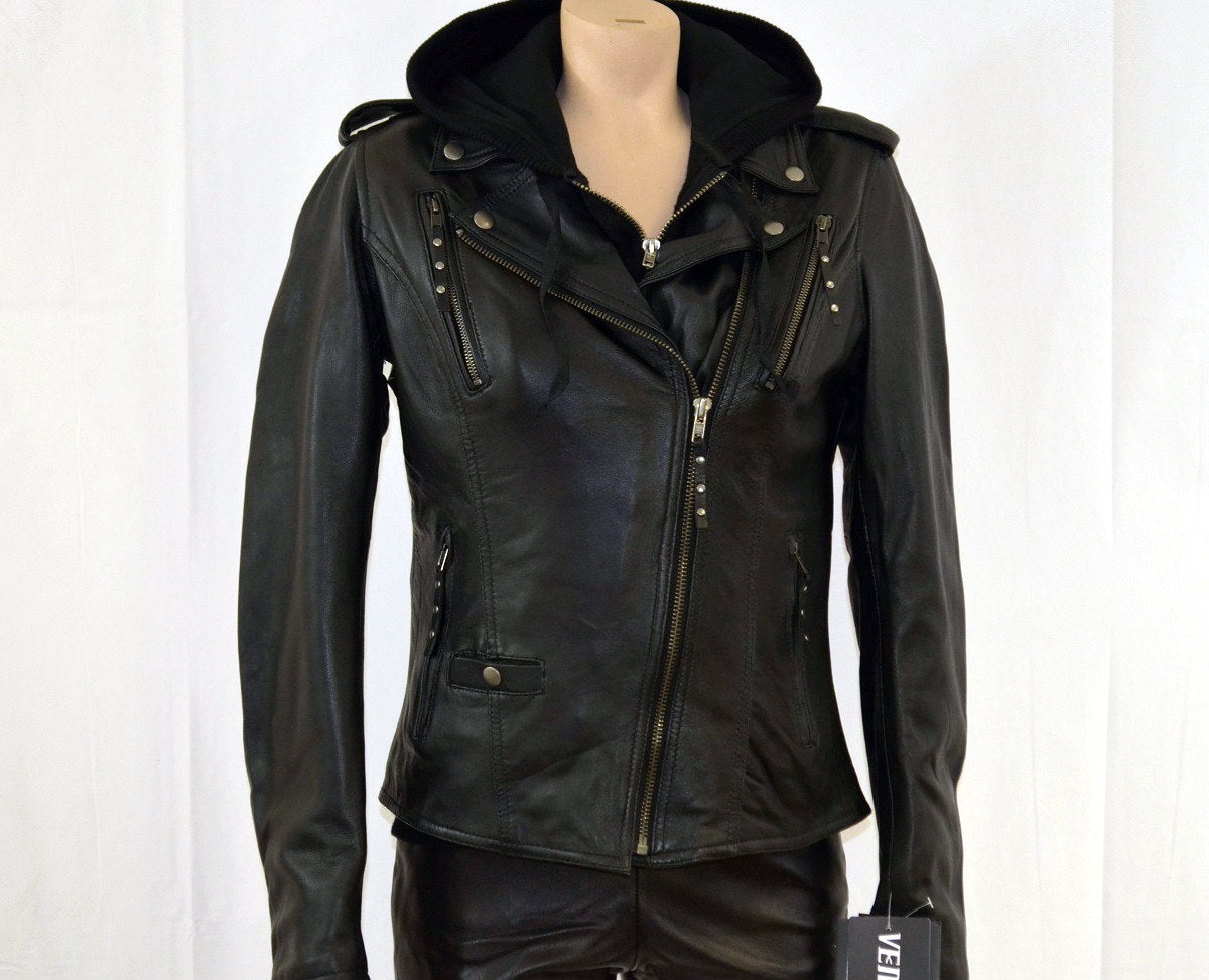 Ladies Soft Leather With Removable Hoodie 