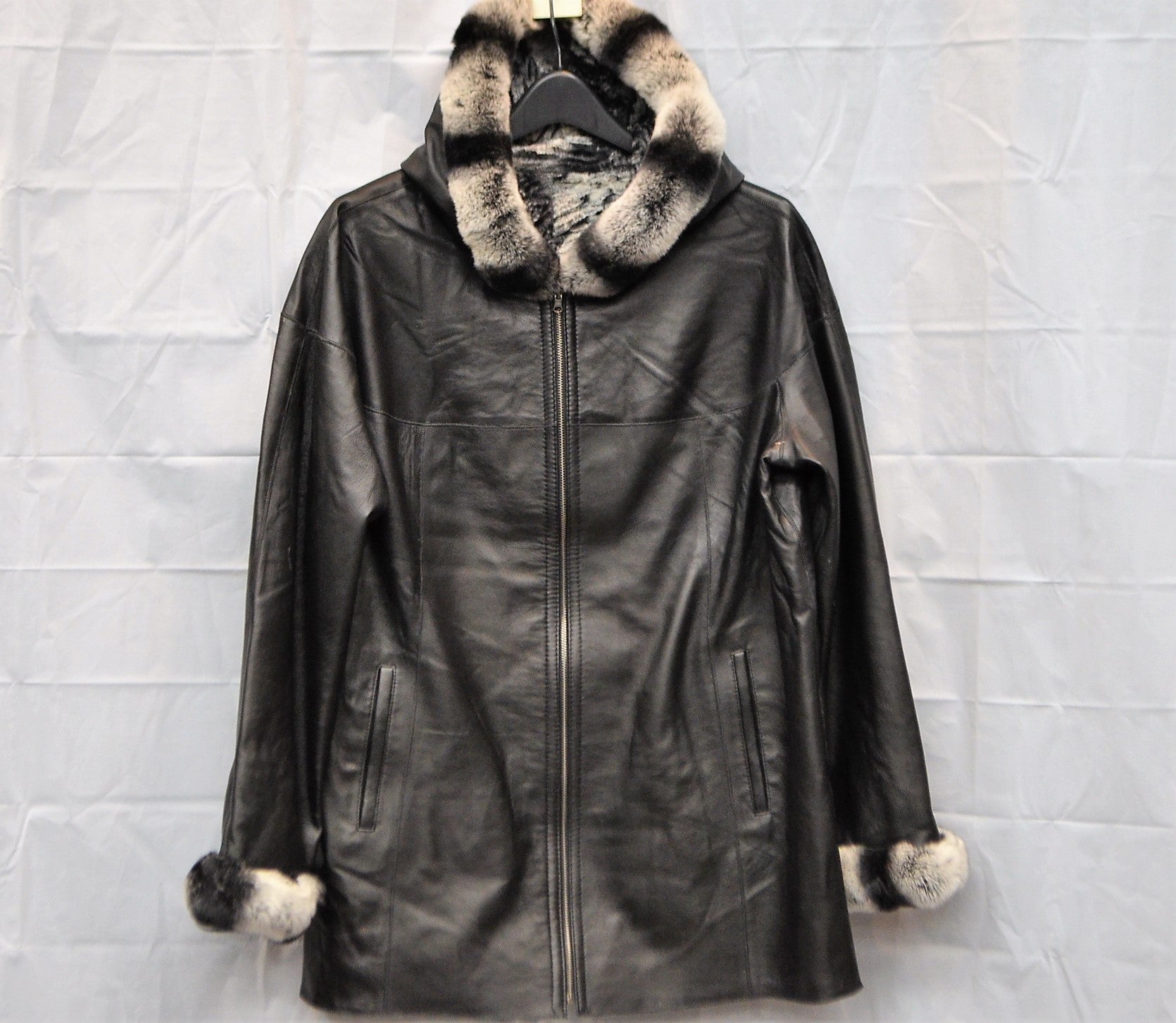 Women leather aline with  fur hood /fur sleeves