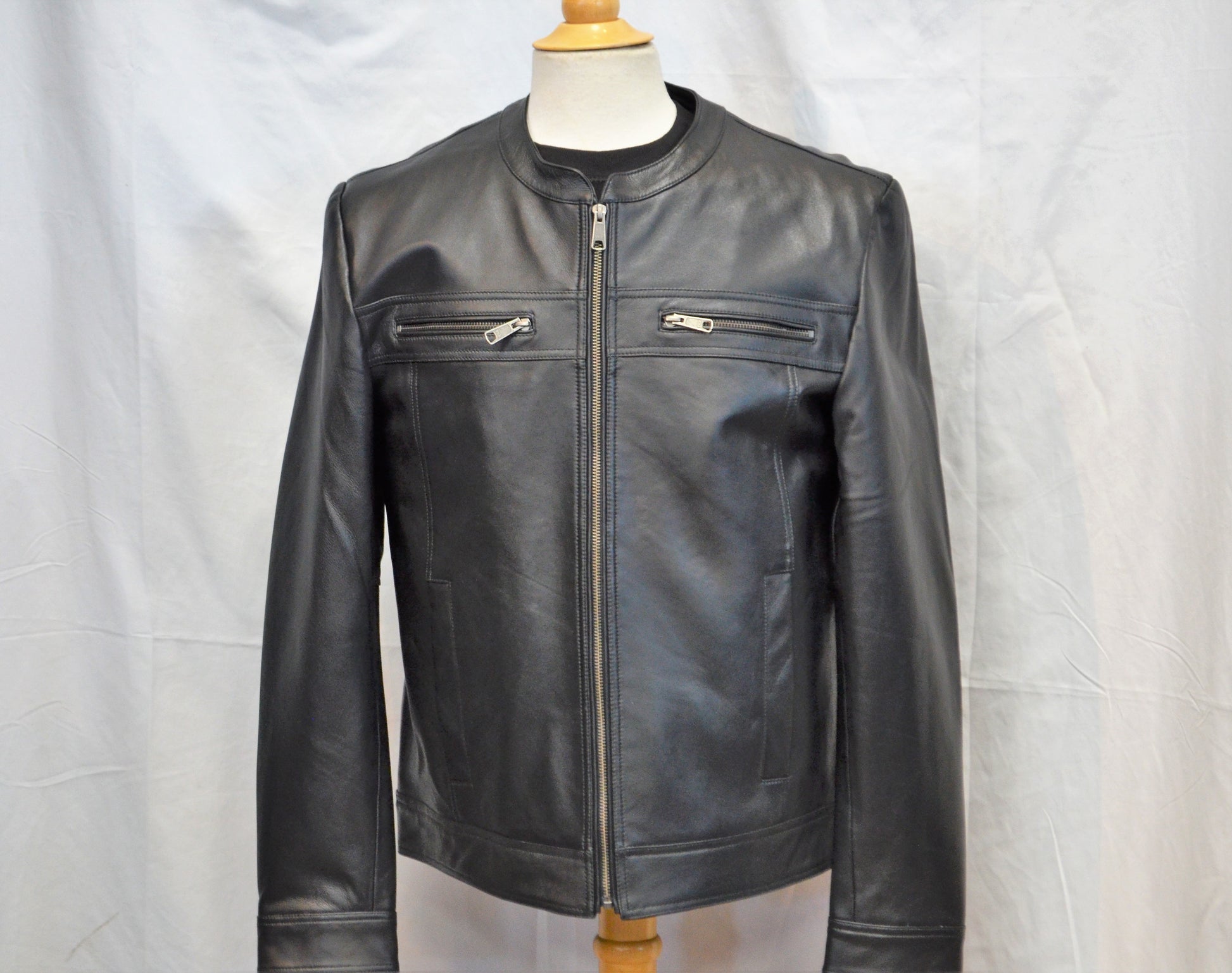 Men low Collar  Black leather jacket 