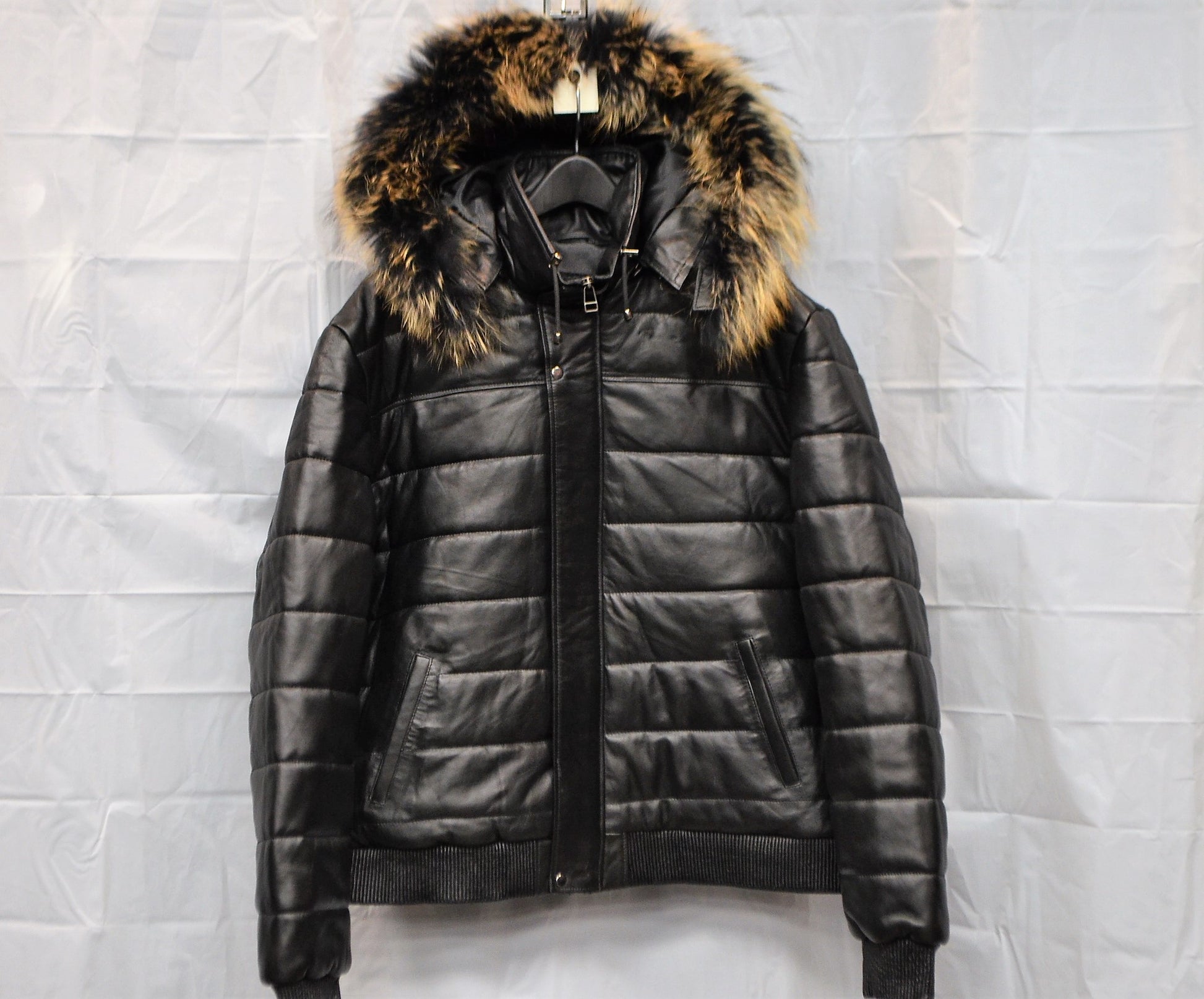 men Leather Bomber Jacket  with removable Fur and  hood