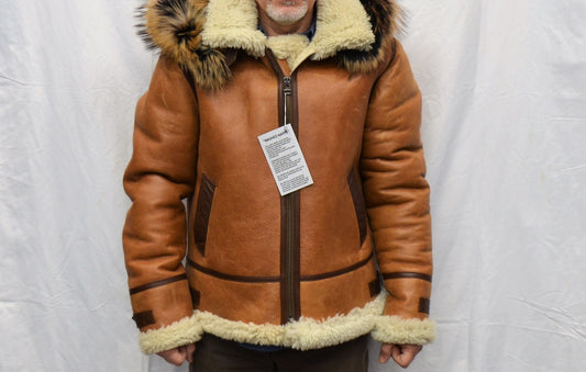 B3 SHEEPSKIN SHEARLING ANTIC TAN  BROWN/CREAM WITH REMOVABLE HOOD