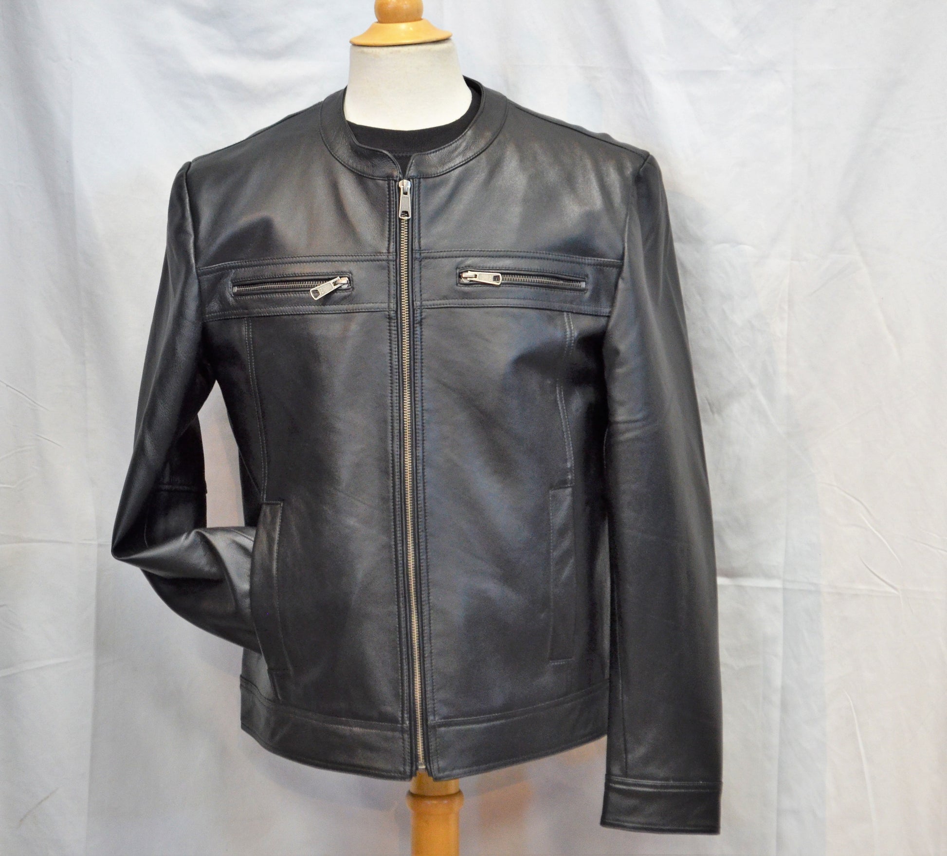 Men low Collar  Black leather jacket 