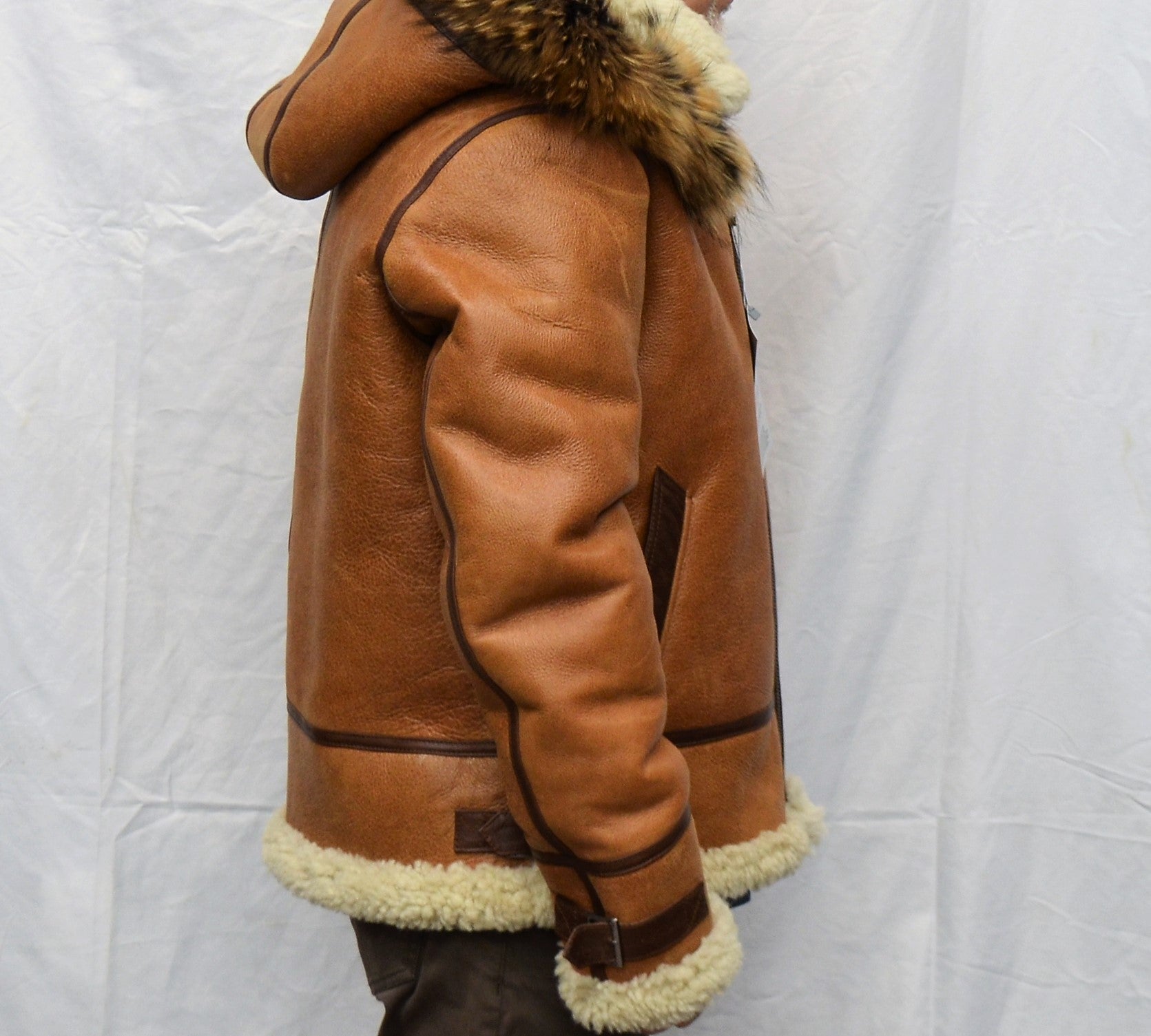 B3 SHEEPSKIN SHEARLING ANTIC TAN  BROWN/CREAM WITH REMOVABLE HOOD