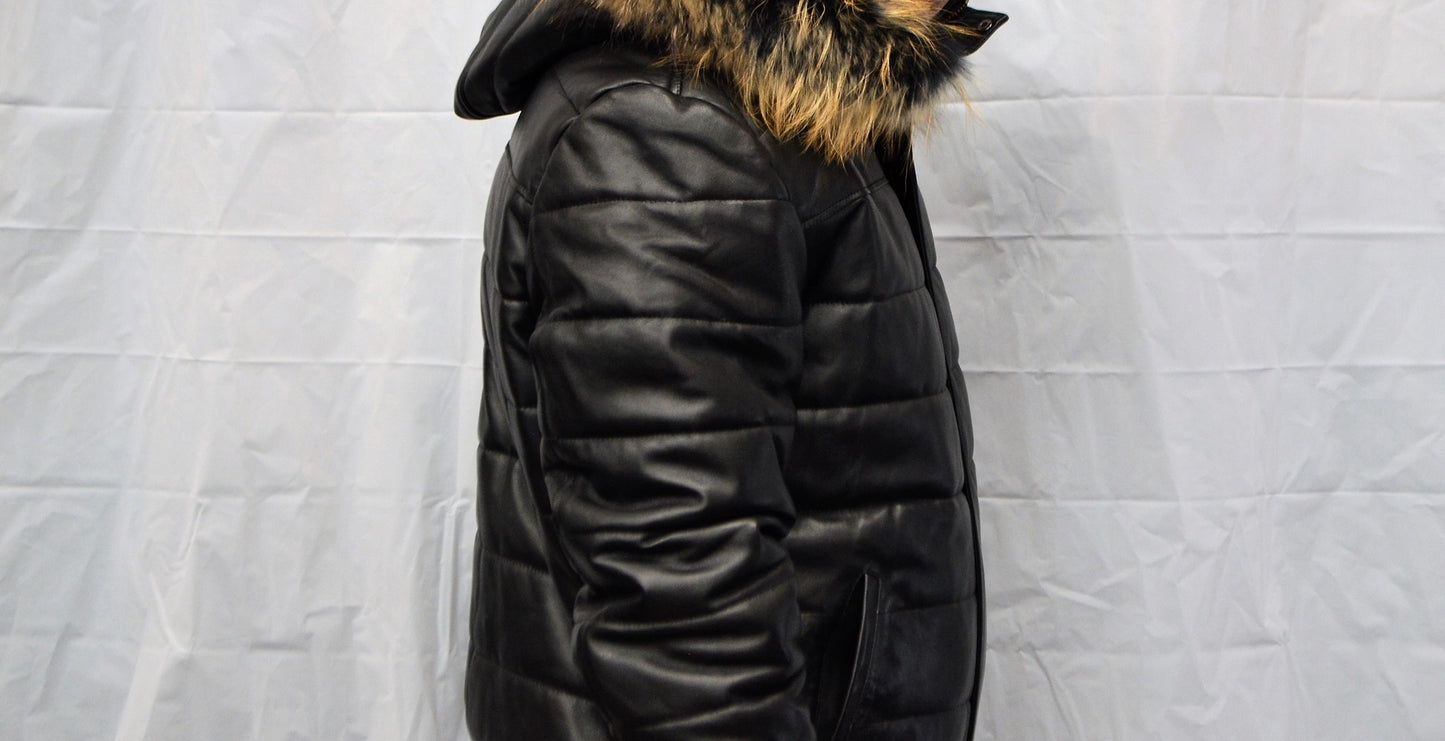 men Leather Bomber Jacket  with removable Fur and  hood