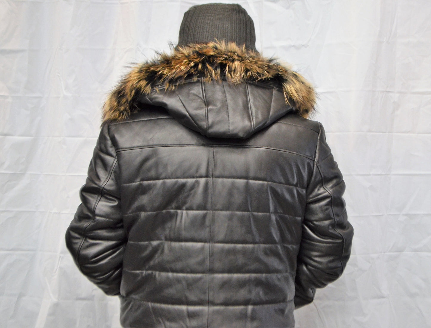 men Leather Bomber Jacket  with removable Fur and  hood