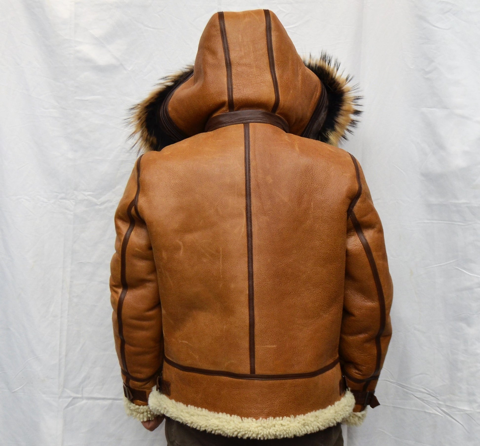 B3 SHEEPSKIN SHEARLING ANTIC TAN  BROWN/CREAM WITH REMOVABLE HOOD