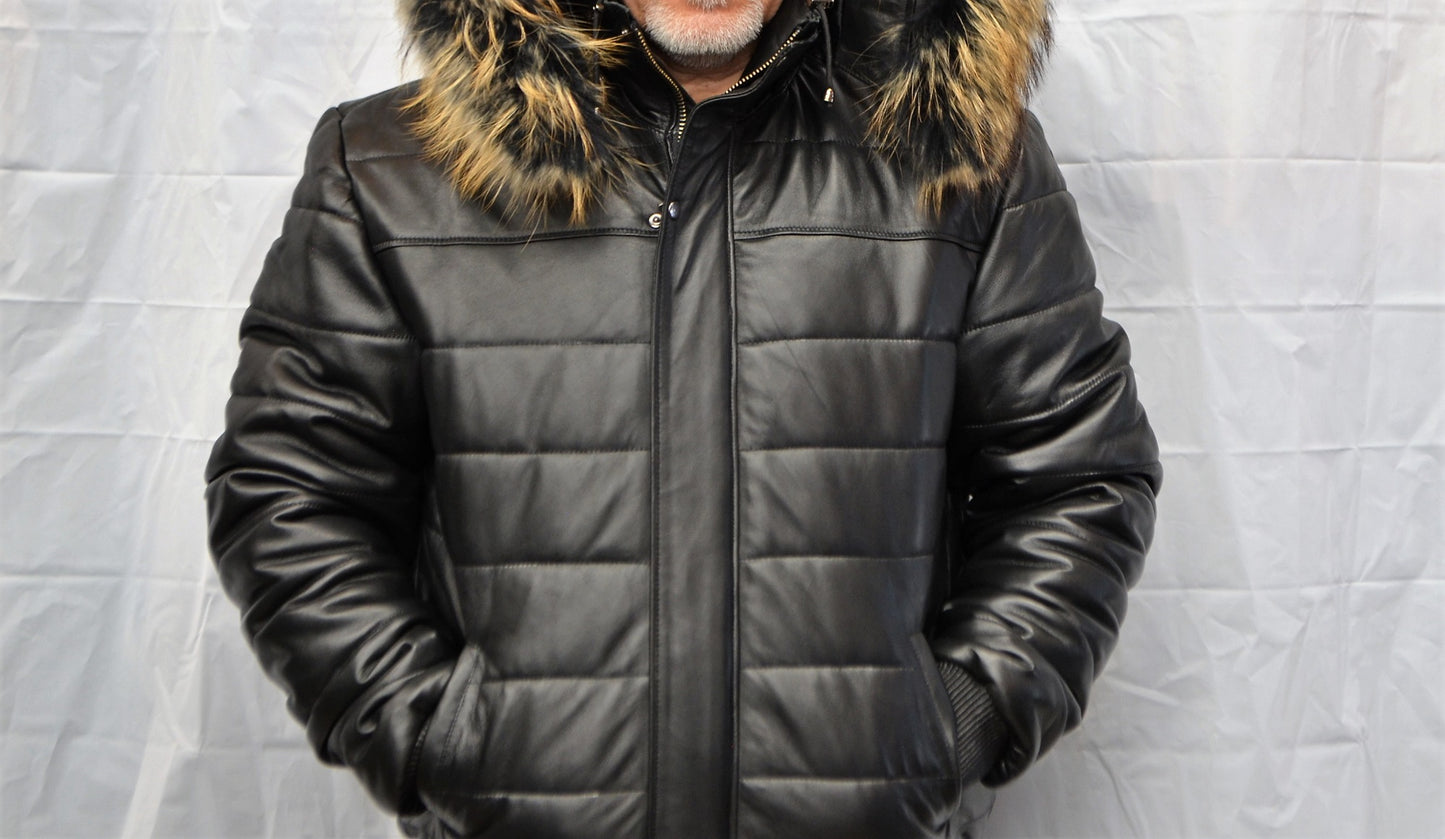 men Leather Bomber Jacket  with removable Fur and  hood