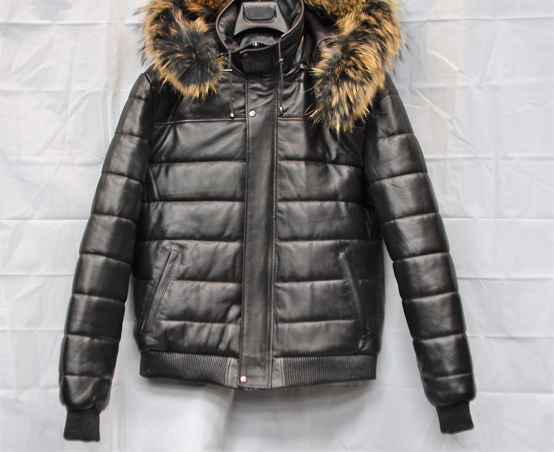 men Leather Bomber Jacket  with removable Fur and  hood