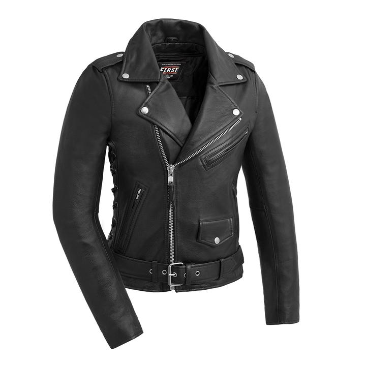 Popstar - Women's Biker Leather Jacket W/Sidelaces