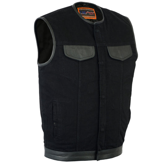 Men's Black Denim Single Vest Leather Trim Collar