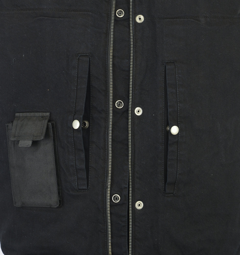 Men's Black Denim Single Vest Leather Trim Collar