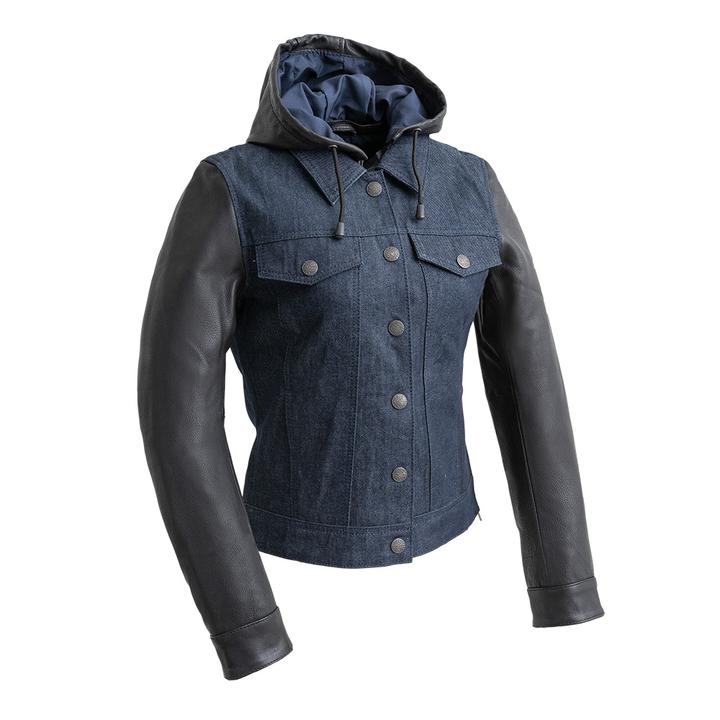 Holli, Motorcycle Denim/leather jacket with leather hood