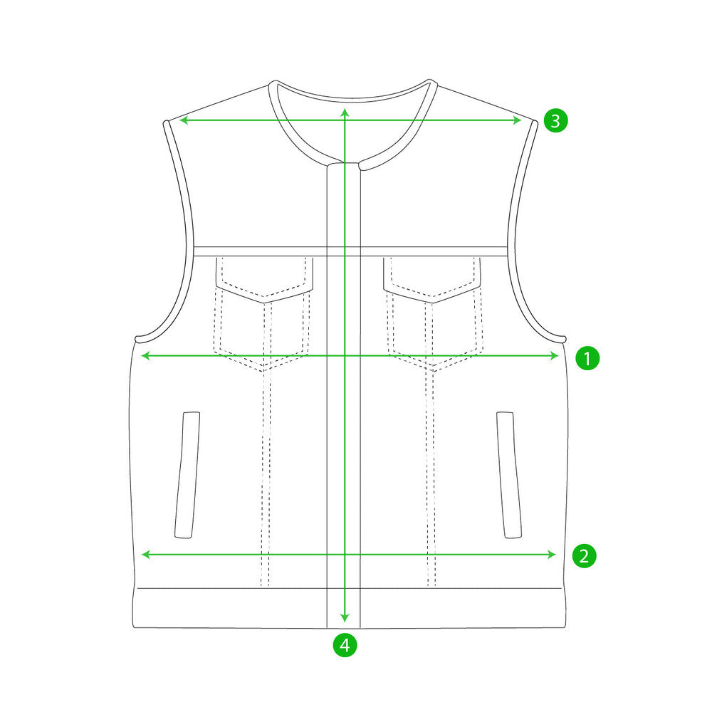 1 = chest 2 = waist 3= shoulder 4 = center back length (Measure from the back not the front)