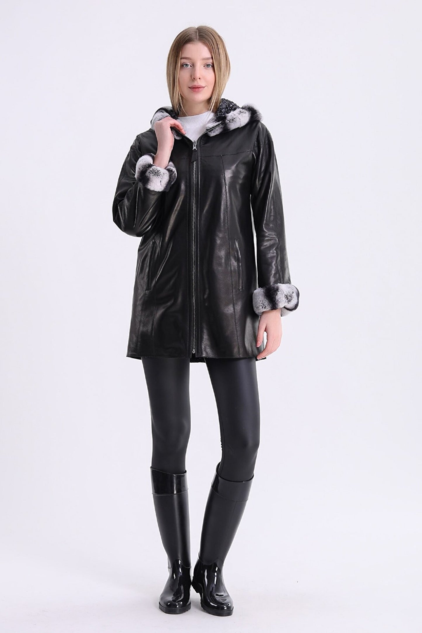 Women leather aline with  fur hood /fur sleeves