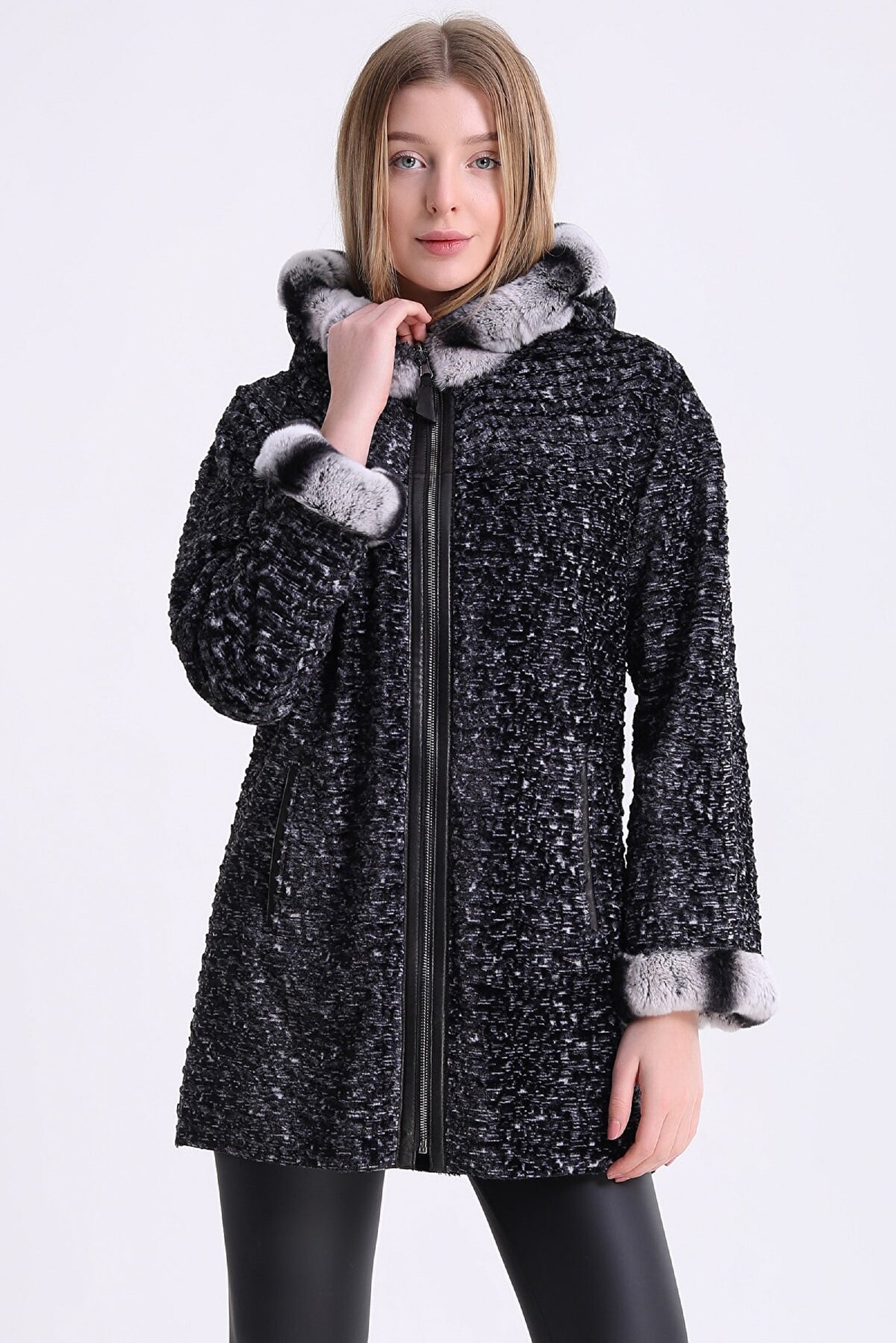 Women leather aline with  fur hood /fur sleeves