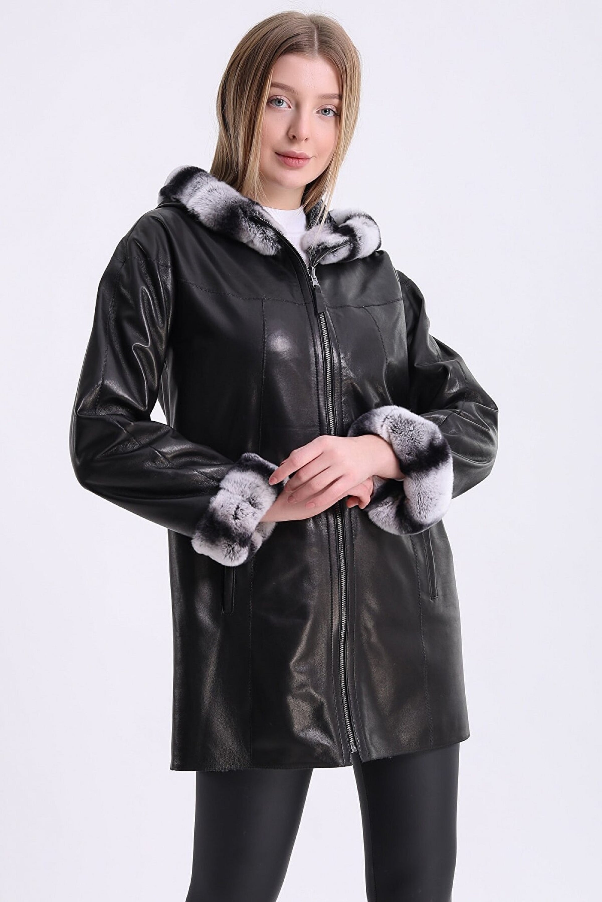 Women leather aline with  fur hood /fur sleeves