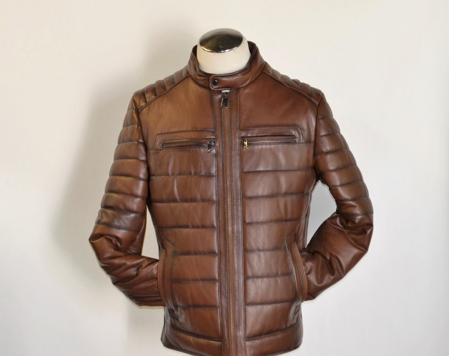 Men Slim Fit Leather Jacket with low stand Collar 